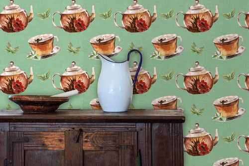 Victorian antique teapot and teacup fabric peel and stick wallpaper with cabinet, water pitcher and bowl