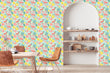 Load image into Gallery viewer, Tropical summer fruit fabric peel and stick wallpaper in kitchen with table and chairs
