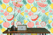 Load image into Gallery viewer, Tropical summer fruit fabric peel and stick wallpaper with table, clock and vase
