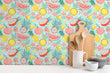 Load image into Gallery viewer, Tropical summer fruit fabric peel and stick wallpaper with cutting board and bowls
