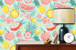 Load image into Gallery viewer, Tropical summer fruit fabric peel and stick wallpaper with lamp and clock
