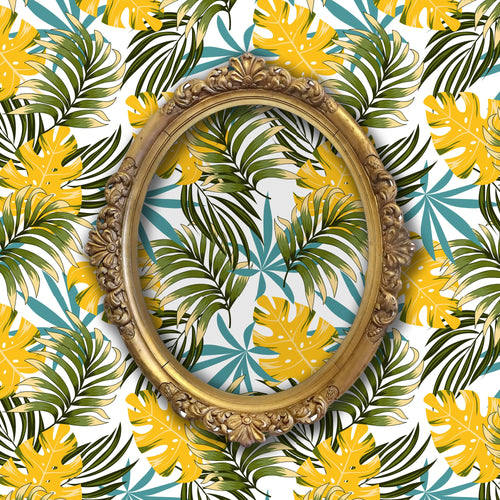 Yellow and blue vintage Mid Century Modern tropical palm leaves fabric peel and stick wallpaper with gold mirror