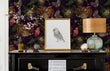 Load image into Gallery viewer, Owls keys and butterflies dark cottagecore fabric peel and stick wallpaper with piano, picture and lamp
