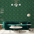 Load image into Gallery viewer, Victorian gothic Art Deco peacock fabric peel and stick wallpaper with green sofa, table and lamp
