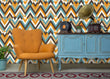 Load image into Gallery viewer, Vintage retro Mid-century Modern geometric fabric peel and stick wallpaper with orange chair and blue cabinet
