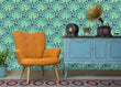 Load image into Gallery viewer, Vintage abstract blue Art Deco peacock fabric peel and stick wallpaper with blue cabinet, record player and chair
