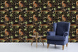 Load image into Gallery viewer, Black tropical cheetah print fabric peel and stick wallpaper with blue chair and table
