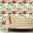 Load image into Gallery viewer, Vintage red flower garden fabric peel and stick wallpaper with gold sofa
