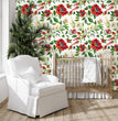 Load image into Gallery viewer, Vintage red flower garden fabric peel and stick wallpaper in nursery with crib and chair
