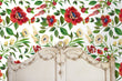 Load image into Gallery viewer, Vintage red flower garden fabric peel and stick wallpaper with antique bed

