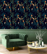 Load image into Gallery viewer, Black topical parrot Victorian Chinoiserie fabric peel and stick wallpaper with chair and coffee table
