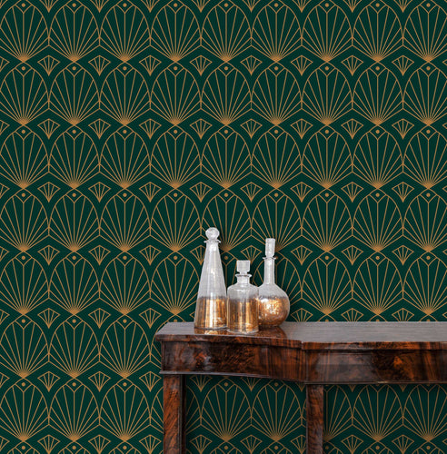 Black and gold antique Art Deco geometric fabric peel and stick wallpaper with table and gold jars