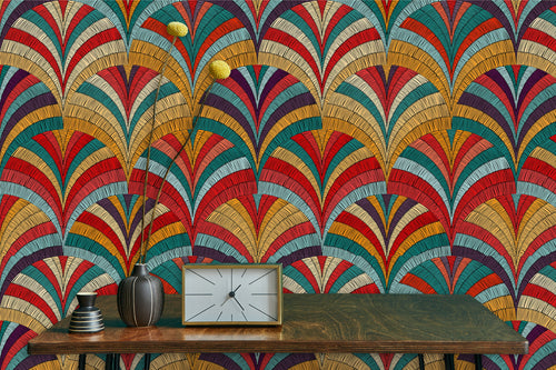 Colorful vintage Art Deco geometric fabric peel and stick wallpaper with table, clock and vase