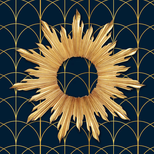 Blue and gold geometric antique Art Deco fabric peel and stick wallpaper with gold mirror on wall