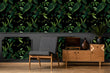 Load image into Gallery viewer, Dark moody botanical forest fabric peel and stick fabric wallpaper in room with vintage record player and chair
