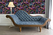 Load image into Gallery viewer, Dark gothic moody floral fabric peel and stick wallpaper in room with blue sofa and lamp
