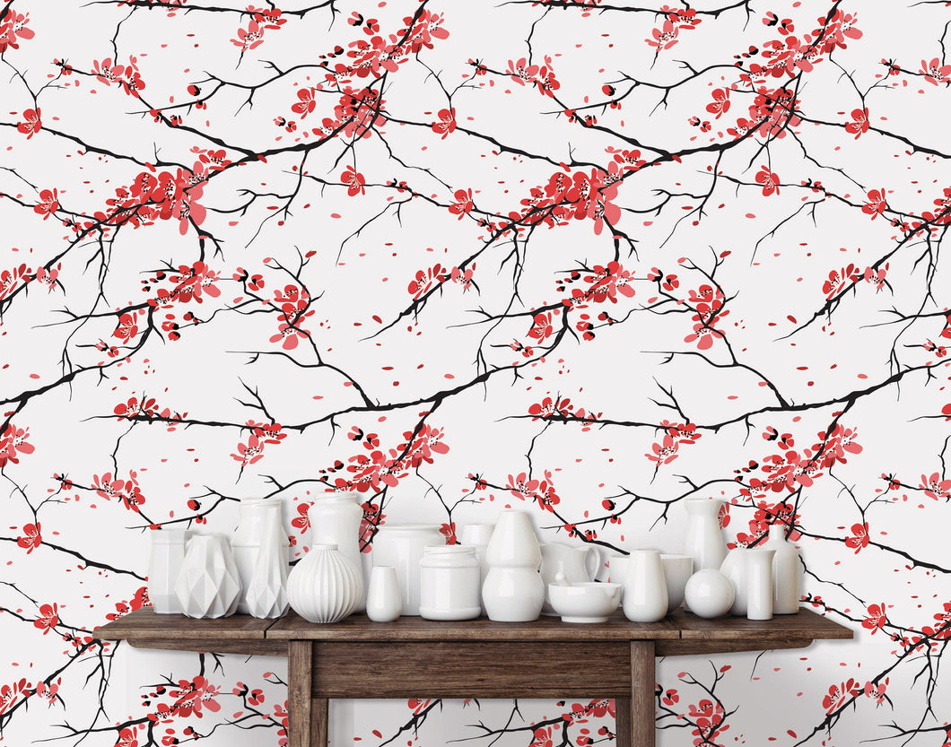 Pink Chinoiserie floral cherry blossom botanical fabric peel and stick wallpaper with table and white jars