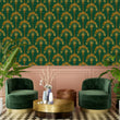 Load image into Gallery viewer, Gold and green antique Art Deco fabric peel and stick wallpaper with chairs, plants and a table

