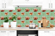 Load image into Gallery viewer, Victorian antique teapot and teacup fabric peel and stick wallpaper in kitchen with plants and cookware
