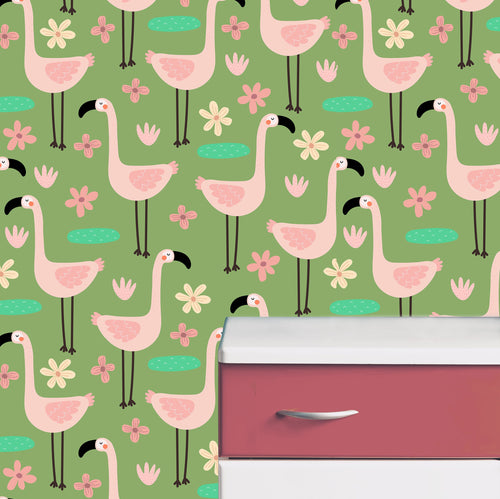 Vintage retro tropical flamingo fabric peel and stick wallpaper with a pink and white chest of drawers