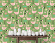 Load image into Gallery viewer, Vintage retro tropical flamingo fabric peel and stick wallpaper with table and white vases
