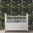 Load image into Gallery viewer, Cottagecore botanical floral dark fabric peel and stick wallpaper with nursery crib
