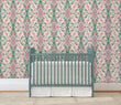 Load image into Gallery viewer, Victorian antique pink floral damask fabric peel and stick wallpaper in nursery with crib
