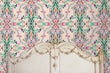 Load image into Gallery viewer, Victorian antique pink floral damask fabric peel and stick wallpaper with bed
