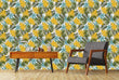 Load image into Gallery viewer, Yellow and blue vintage Mid Century Modern tropical palm leaves fabric peel and stick wallpaper with table and chair
