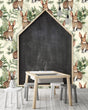 Load image into Gallery viewer, Watercolor forest bunny rabbit fabric peel and stick wallpaper with chalk board and small table and stools
