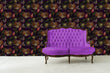 Load image into Gallery viewer, Owls keys and butterflies dark cottagecore fabric peel and stick wallpaper with purple sofa
