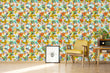 Load image into Gallery viewer, Orange and yellow vintage retro tropical butterfly garden fabric peel and stick wallpaper in room with chair, picture and radio
