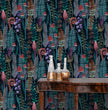 Load image into Gallery viewer, Dark nautical see life beach house fabric peel and stick wallpaper with table and jars
