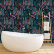 Load image into Gallery viewer, Dark nautical see life beach house fabric peel and stick wallpaper with bathtub and ladder
