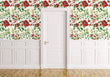 Load image into Gallery viewer, Vintage red flower garden fabric peel and stick wallpaper on wall with door
