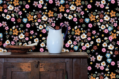 Dark flower garden fabric peel and stick wallpaper with cabinet, water pitcher and bowl