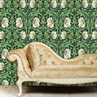 Load image into Gallery viewer, Antique Victorian Art Nouveau floral fabric peel and stick wallpaper with gold sofa
