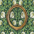 Load image into Gallery viewer, Antique Victorian Art Nouveau floral fabric peel and stick wallpaper on wall with gold mirror

