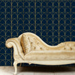 Load image into Gallery viewer, Blue and gold geometric antique Art Deco fabric peel and stick wallpaper with sofa
