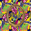 Load image into Gallery viewer, Bold colorful neon vintage tropical fabric peel and stick wallpaper with gold mirror
