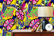 Load image into Gallery viewer, Bold colorful neon vintage tropical fabric peel and stick wallpaper with cabinet, lamp and clock
