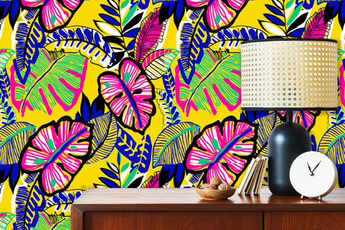 Bold colorful neon vintage tropical fabric peel and stick wallpaper with cabinet, lamp and clock