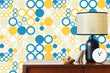Load image into Gallery viewer, Vintage retro geometric blue and yellow fabric peel and stick wallpaper with cabinet, lamp and clock
