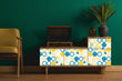 Load image into Gallery viewer, Vintage retro geometric blue and yellow fabric peel and stick wallpaper on vintage record player with plant and chair
