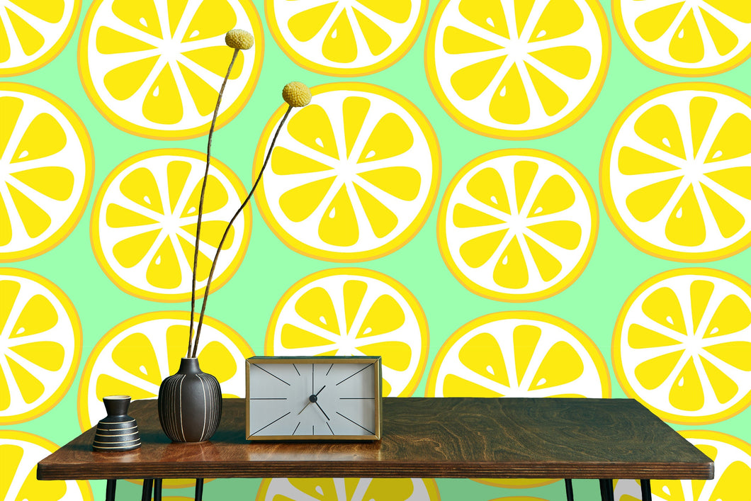 Vintage retro yellow lemon fruit fabric peel and stick wallpaper with table, vase and clock