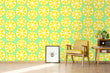 Load image into Gallery viewer, Vintage retro yellow lemon fruit fabric peel and stick wallpaper in room with chair, picture, table and vintage radio
