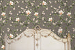 Load image into Gallery viewer, Victorian antique grey and pink botanical floral fabric peel and stick wallpaper in room with antique bed

