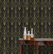 Load image into Gallery viewer, Black and gold geometric antique Art Deco fabric peel and stick wallpaper wit table and bottles

