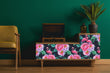 Load image into Gallery viewer, Dark black and pink tropical floral flamingo fabric peel and stick wallpaper with vintage record player, plant and chair
