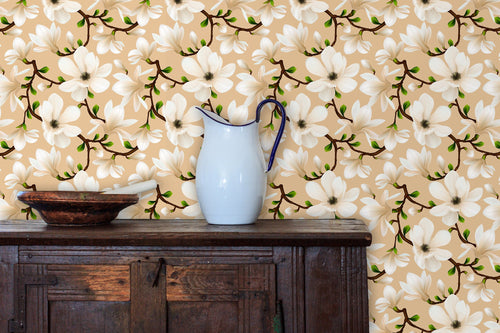 Victorian antique floral botanical fabric peel and stick wallpaper with cabinet, water pitcher and bowl